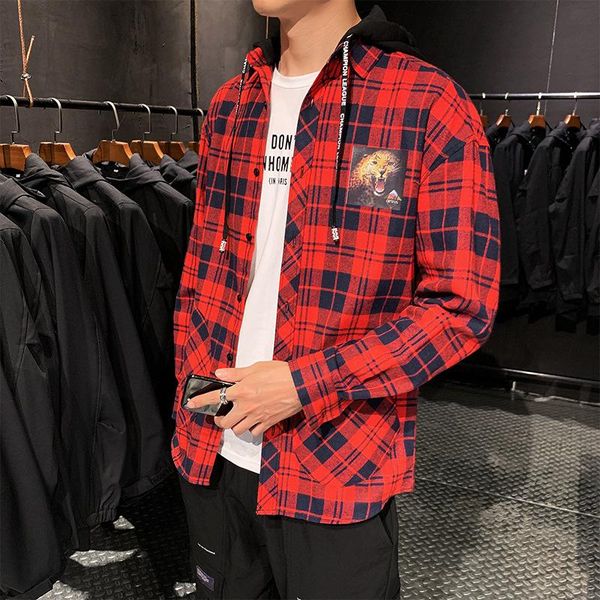 men's casual shirts harajuku fashion mens plaid long sleeve streetwear tee with front pocket male loose hooded, White;black
men's casual shirts harajuku fashion mens plaid long sleeve streetwear tee with front pocket male loose hooded, White;black