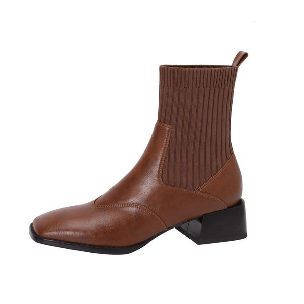 asumer sell genuine leather knitting stretch boots square toe of heels low women's shoes, Black