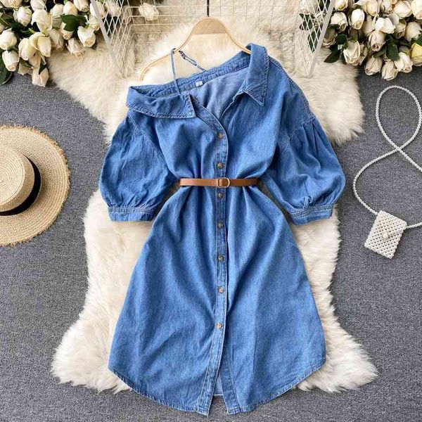 casual dresses design suspenders oblique shoulder denim dress women lapel puff sleeve waist slimming with belt fashion casual dres, Black;gray
casual dresses design suspenders oblique shoulder denim dress women lapel puff sleeve waist slimming with belt fashion casual dres, Black;gray