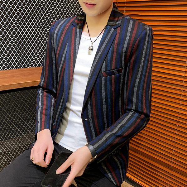 men's suits & blazers spring autumn korean fashion slim fit men blazer striped colorful printed masculino 2021 brand one button jacket, White;black
men's suits & blazers spring autumn korean fashion slim fit men blazer striped colorful printed masculino 2021 brand one button jacket, White;black