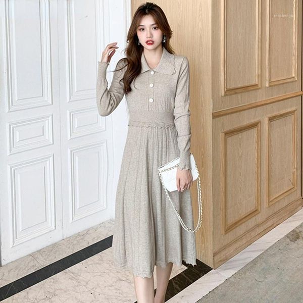 casual dresses autumn knitted shirt collar dress women button deco ruffles slim patchwork pleated sweater midi vestidos, Black;gray 
casual dresses autumn knitted shirt collar dress women button deco ruffles slim patchwork pleated sweater midi vestidos, Black;gray