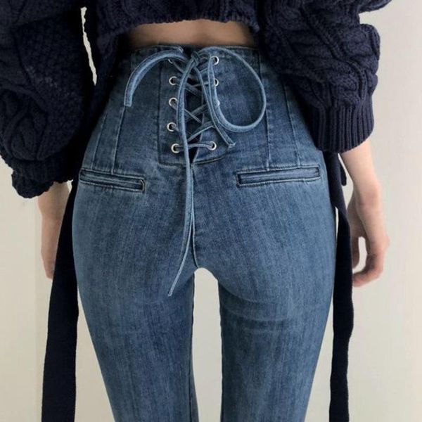 women's jeans high waist korean-style back cross lace-up micro trumpet high-waisted woman, Blue
women's jeans high waist korean-style back cross lace-up micro trumpet high-waisted woman, Blue