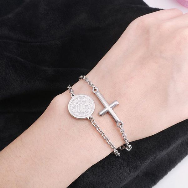 link, chain virgin mary st benedict catholic prayers stainless steel women religious long silver color bracelet, Black
link, chain virgin mary st benedict catholic prayers stainless steel women religious long silver color bracelet, Black