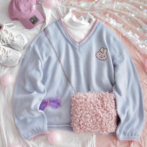 retro v-neck women cute blue sweater kawaii rabbit embroidery girls knitted jumper winter loose female pullover ladies knitwear, White;black
retro v-neck women cute blue sweater kawaii rabbit embroidery girls knitted jumper winter loose female pullover ladies knitwear, White;black