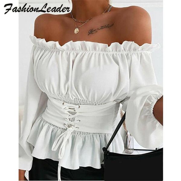 women's blouses & shirts fashion women off shoulder blouse ruffles lace up slash neck long sleeve slim fit sashes solid summer spr, White
women's blouses & shirts fashion women off shoulder blouse ruffles lace up slash neck long sleeve slim fit sashes solid summer spr, White