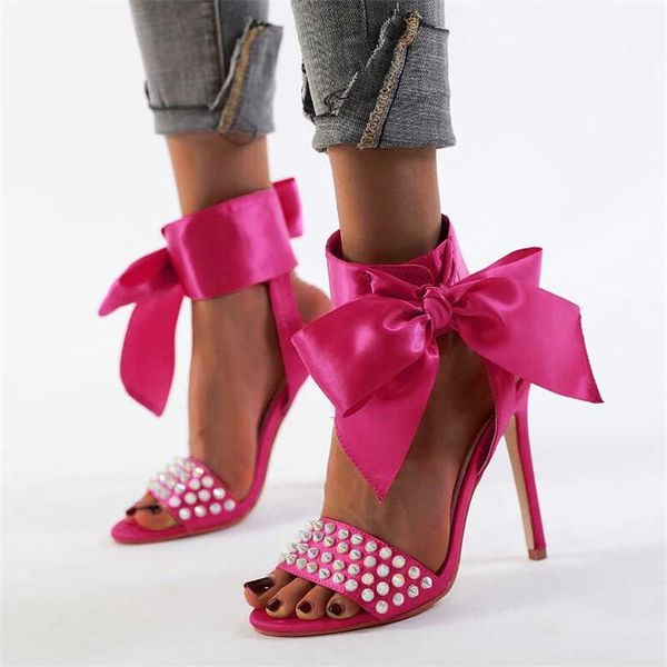 Dress Shoes MHYONS Silk Women Heeled Sandals Butterfly-knot Cross Strap Pumps Super High Heels 12 CM Peep Toe Buckle Lady