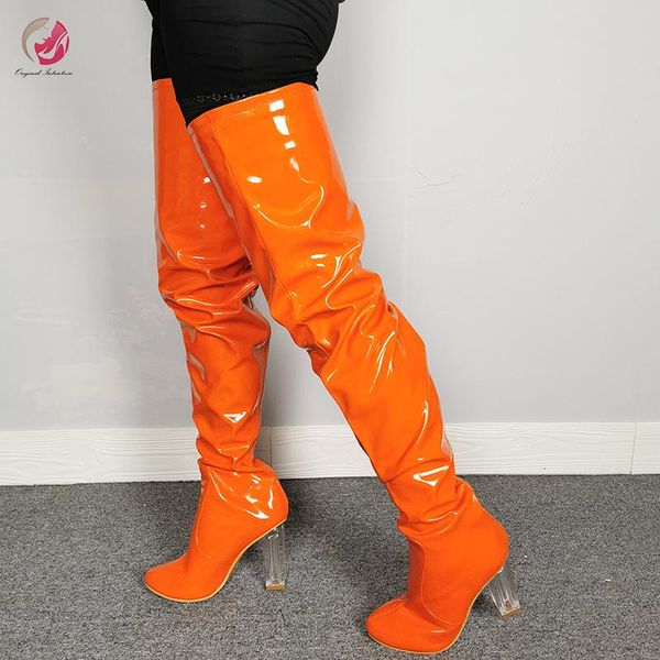 boots original intention designed orange patent leather thigh high woman round toe crystal square heels fashion charming4-15, Black 
boots original intention designed orange patent leather thigh high woman round toe crystal square heels fashion charming4-15, Black