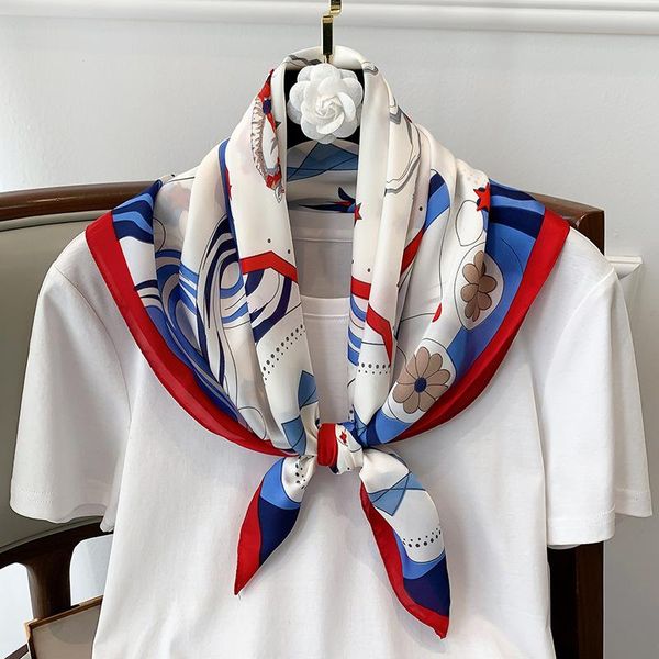 scarves foulard female neck scarf women design printed luxury silk square for lady hairband neckerchief bandana, Blue;gray