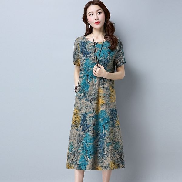 kky6 summer women'scotton hemp literature style large loose print plus size es short sleeve medium length dresslong dress skirt 2021
kky6 summer women'scotton hemp literature style large loose print plus size es short sleeve medium length dresslong dress skirt 2021