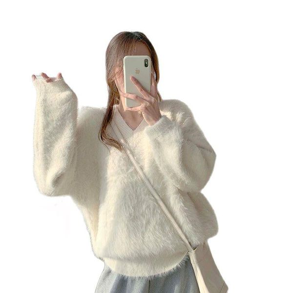 women's knits & tees 2021 lmitation mink sweater female autumn thickened pullover winter loose lazy wind mohair v-neck top, White
women's knits & tees 2021 lmitation mink sweater female autumn thickened pullover winter loose lazy wind mohair v-neck top, White