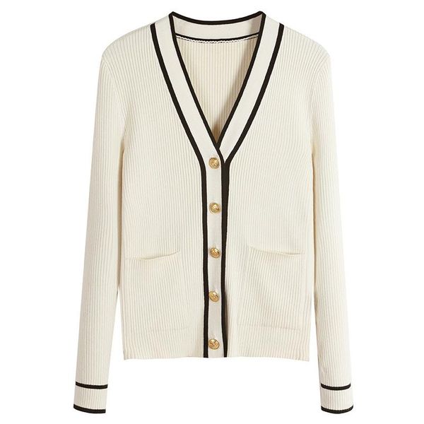 women's knitted metal buckle contrast color edging slim slimming v-neck cardigan sweater 20 early autumn sweaters, White;black
women's knitted metal buckle contrast color edging slim slimming v-neck cardigan sweater 20 early autumn sweaters, White;black