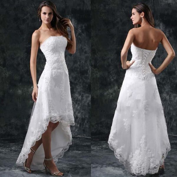 2021 summer beach hi-lo full lace a line wedding dresses strapless appliques short formal lace-up back vestidos bridal gowns, White
2021 summer beach hi-lo full lace a line wedding dresses strapless appliques short formal lace-up back vestidos bridal gowns, White