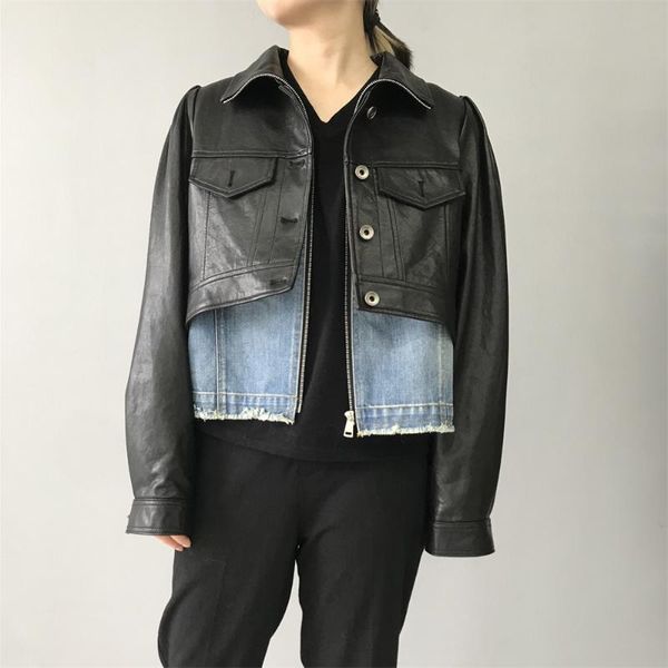 women's leather & faux design lady real jacket spring autumn cool short style fake two women genuine sheepskin, Black
women's leather & faux design lady real jacket spring autumn cool short style fake two women genuine sheepskin, Black