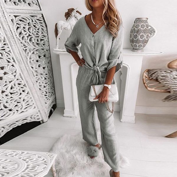 women's two piece pants 2021 autumn suit gray cardigan tie v-neck long-sleeved loose wide-leg casual and elega, White
women's two piece pants 2021 autumn suit gray cardigan tie v-neck long-sleeved loose wide-leg casual and elega, White