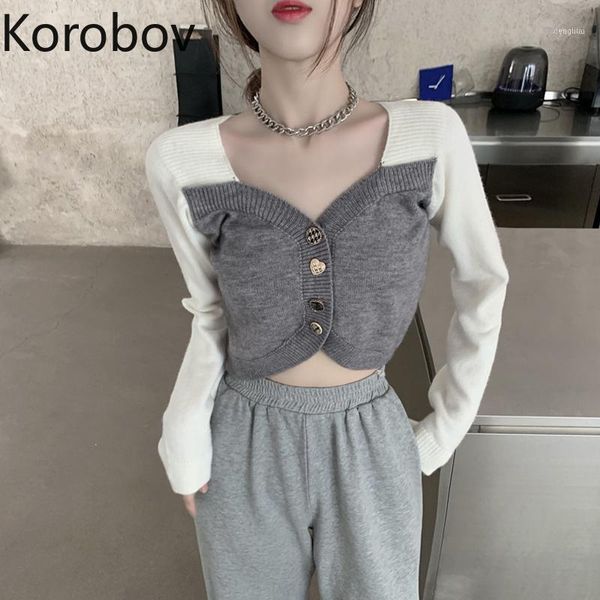 korobov 2021 v neck long sleeve crop sweater korean preppy style hit color patchwork female sueter mujer autumn pullovers1, White;black
korobov 2021 v neck long sleeve crop sweater korean preppy style hit color patchwork female sueter mujer autumn pullovers1, White;black