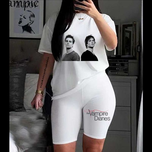 women's shorts women two piec set vampire diaries t shirts and summer short sleeve casual joggers biker outfit for woman, White;black
women's shorts women two piec set vampire diaries t shirts and summer short sleeve casual joggers biker outfit for woman, White;black