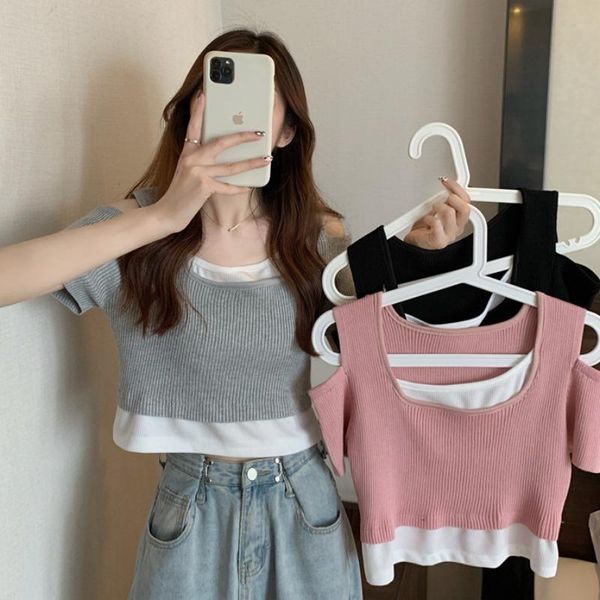 women's t-shirt two solid color knitted short sleeve t-shirts, White 
women's t-shirt two solid color knitted short sleeve t-shirts, White