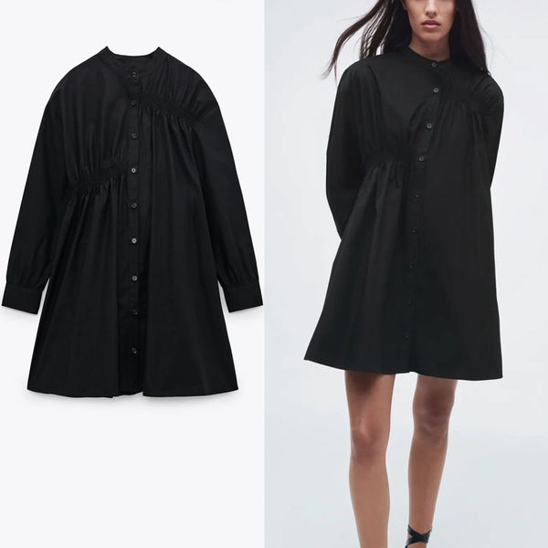 dresses za black poplin mini women long sleeve elastic vintage pleated summer es woman chic front button loose vestidos, Black;gray
dresses za black poplin mini women long sleeve elastic vintage pleated summer es woman chic front button loose vestidos, Black;gray