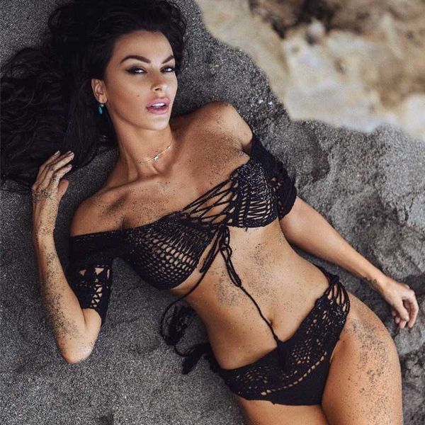 women's swimwear hand crochet beach bikini set knitting swimsuit smock women black boho style, White;black
women's swimwear hand crochet beach bikini set knitting swimsuit smock women black boho style, White;black