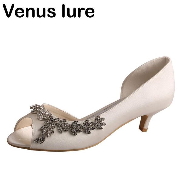 dress shoes brand low heel open toe bridal ivory satin crystal women fashion, Black
