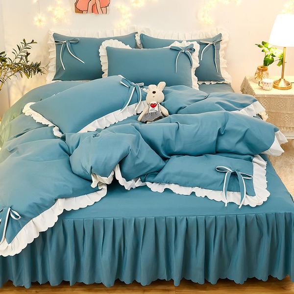 duvet cover set korean version pure color bow lace bed skirt sheet four piece spring and autumn ground wool quilt bedding sets
duvet cover set korean version pure color bow lace bed skirt sheet four piece spring and autumn ground wool quilt bedding sets