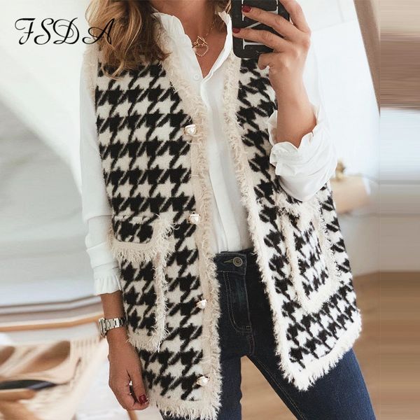 2021 sleeveless houndstooth jacket women autumn winter pocket vest coat woolen ladies fashion waistcoat long plaid cardigan, Black;white
2021 sleeveless houndstooth jacket women autumn winter pocket vest coat woolen ladies fashion waistcoat long plaid cardigan, Black;white