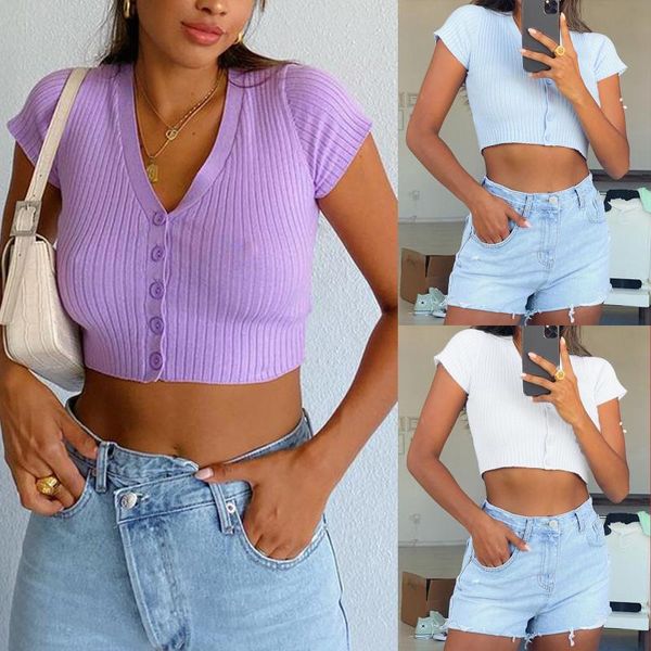 women button down crop v neck solid color short sleeve rib knit t-shirts women's t-shirt, White
women button down crop v neck solid color short sleeve rib knit t-shirts women's t-shirt, White