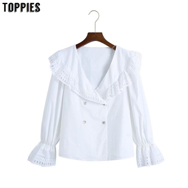 ies new lace blusas mujer women white blouse double breasted blouses women 210412
