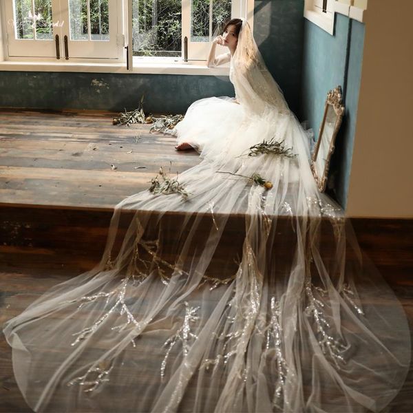 bridal veils lzp545 luxury handmade full beads wedding veil with sequined lace long, Black