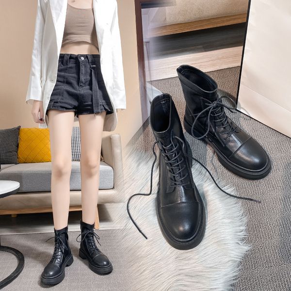 martin boots women's 2021 autumn british style sho net red leather korean psh elastic, Black