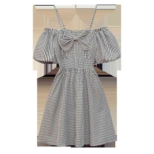 women summer sweet bow camisole strap plaid puff sleeve a-line elastic band short dress plus size d3044 210514, Black;gray
women summer sweet bow camisole strap plaid puff sleeve a-line elastic band short dress plus size d3044 210514, Black;gray