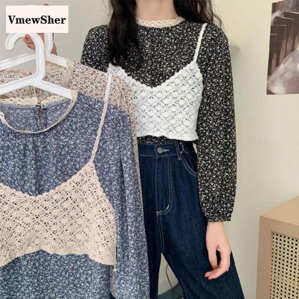 women's blouses & shirts vmewsher spring women 2 pcs set floral o neck blouse and knitted vest two long sleeve fashion cute lace splic, White 
women's blouses & shirts vmewsher spring women 2 pcs set floral o neck blouse and knitted vest two long sleeve fashion cute lace splic, White