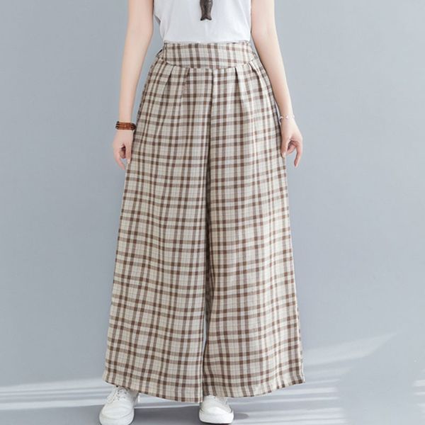 women high waist wide leg pants new arrival spring simple style vintage plaid female cotton linen casual trousers s3380 210412, Black;white 
women high waist wide leg pants new arrival spring simple style vintage plaid female cotton linen casual trousers s3380 210412, Black;white