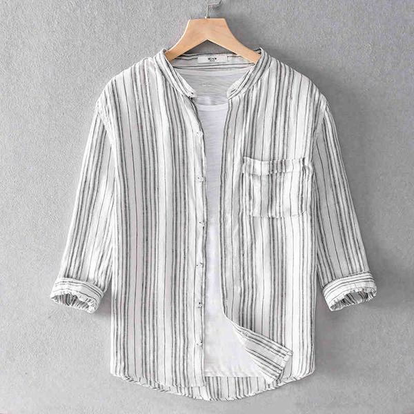 men's t-shirts summer pure linen casual three-quarter sleeve stand collar loose striped shirts for men fashion shirt mens camisa wdos, White;black
men's t-shirts summer pure linen casual three-quarter sleeve stand collar loose striped shirts for men fashion shirt mens camisa wdos, White;black