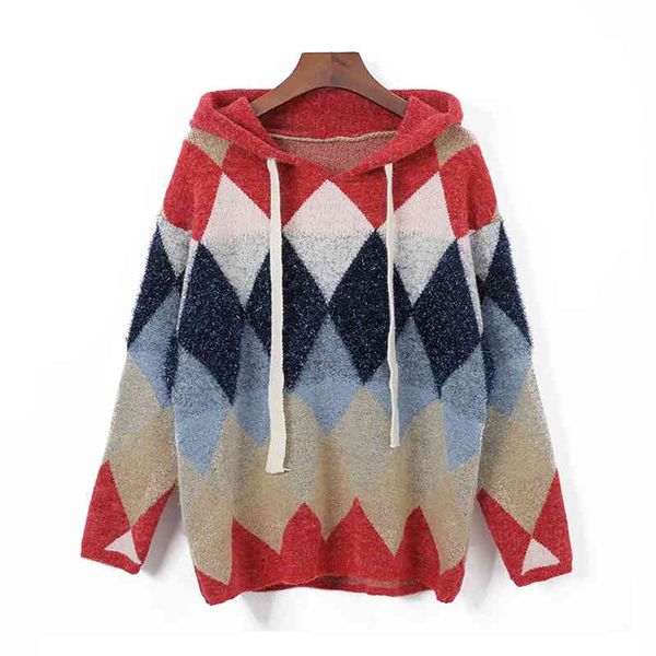 women sweater knitted pullovers red blue lurex bling hooded argyle loose winter m0053 210514, White;black
women sweater knitted pullovers red blue lurex bling hooded argyle loose winter m0053 210514, White;black