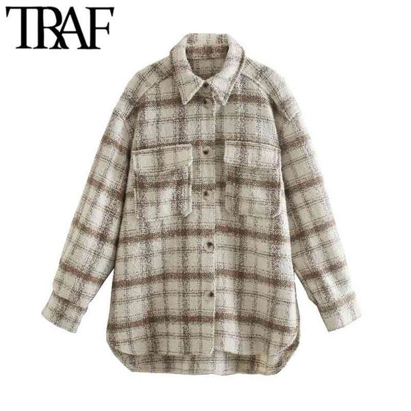 women fashion oversized tweed check jacket coat vintage long sleeve pockets female outerwear chic overshirt 210507, Black;brown
women fashion oversized tweed check jacket coat vintage long sleeve pockets female outerwear chic overshirt 210507, Black;brown