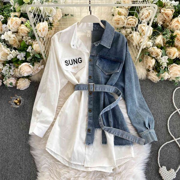 2021spring autumn womens denim shirt color contrast patchwork lace up blouse shows thin versatile fashion gd596, White
2021spring autumn womens denim shirt color contrast patchwork lace up blouse shows thin versatile fashion gd596, White