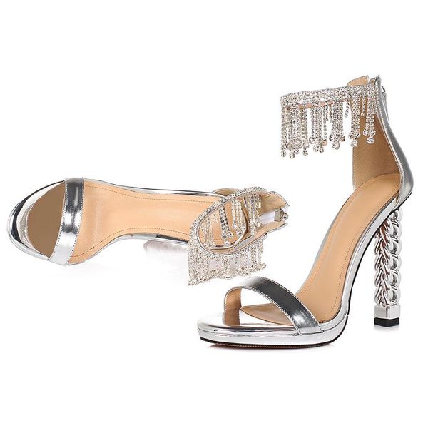 unique silvery metal knitted high heel sandals women one-strap fringe open toe patent leather strange summer shoes woman, Black
unique silvery metal knitted high heel sandals women one-strap fringe open toe patent leather strange summer shoes woman, Black