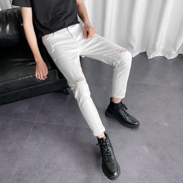 summer men's jeans white black knee ripped skinny fit pants solid stretch ankle length hole korean casual clothing, Blue
summer men's jeans white black knee ripped skinny fit pants solid stretch ankle length hole korean casual clothing, Blue