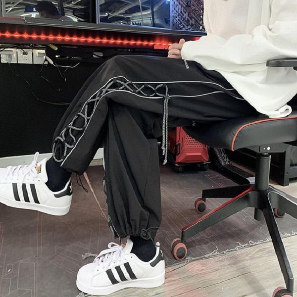 men's pants summer thin reflective drawstring casual fatty large size tooling loose high street hip hop straight sports trousers, Black 
men's pants summer thin reflective drawstring casual fatty large size tooling loose high street hip hop straight sports trousers, Black