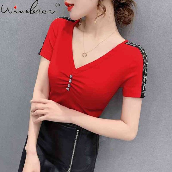 women's t-shirt summer european style cotton fashion drape button short sleeve shiny diamonds women casual tees t13916a, White
women's t-shirt summer european style cotton fashion drape button short sleeve shiny diamonds women casual tees t13916a, White
