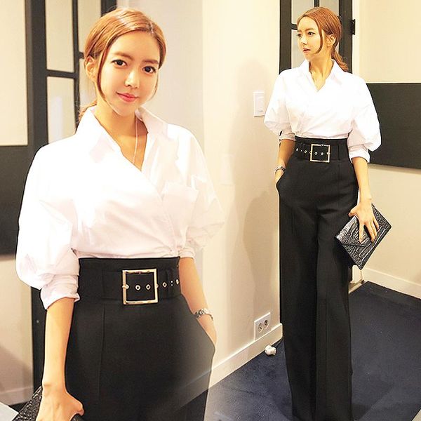 women's suits & blazers spring fashion lady ol style 2 piece set women v neck designer chic white shirts and high waist trouser with be, White;black
women's suits & blazers spring fashion lady ol style 2 piece set women v neck designer chic white shirts and high waist trouser with be, White;black