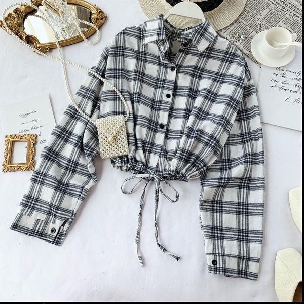 autumn korean loose slim short women shirt crop high waist student plaid blouse j097, White
autumn korean loose slim short women shirt crop high waist student plaid blouse j097, White