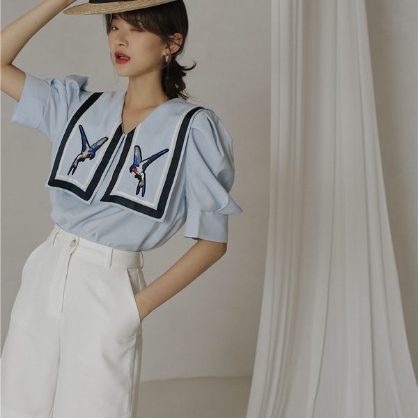 women's knits & tees puff sleeve bird embroidery blouse women blue summer loose sailor collar designer v4qf, White
women's knits & tees puff sleeve bird embroidery blouse women blue summer loose sailor collar designer v4qf, White