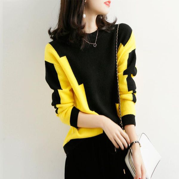 autumn and winter women's round neck thick woolen sweater retro color matching bottoming shirt loose sweaters, White;black
autumn and winter women's round neck thick woolen sweater retro color matching bottoming shirt loose sweaters, White;black