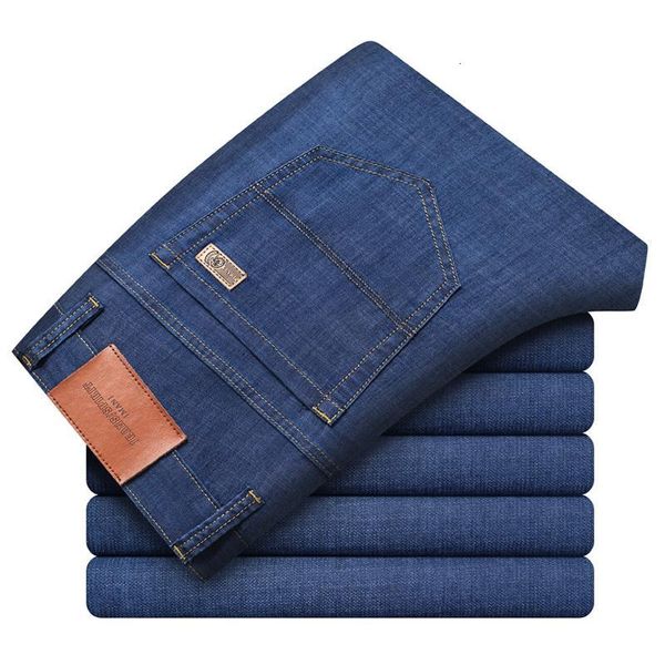 spring summer style bamboo fiber cotton stretch men's lightweight straight classic leather brand high waist jeans, Blue
spring summer style bamboo fiber cotton stretch men's lightweight straight classic leather brand high waist jeans, Blue