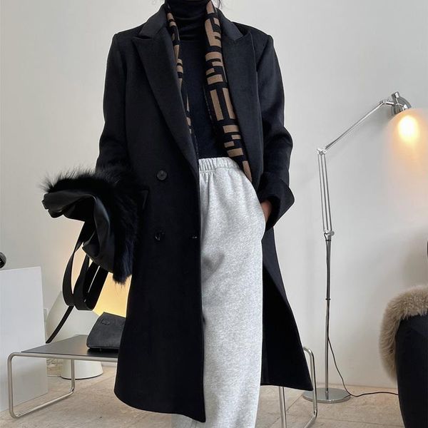 women's wool & blends winter casual solid color lapel long sleeve double-breasted pocket decoration loose coat, Black
women's wool & blends winter casual solid color lapel long sleeve double-breasted pocket decoration loose coat, Black