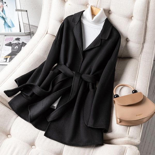women's wool & blends hand-stitched double-sided cashmere with belt short bathrobe, Black
women's wool & blends hand-stitched double-sided cashmere with belt short bathrobe, Black