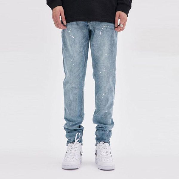 men's jeans american street fashion men retro light blue elastic straight fit splashed designer hip hop casual denim pants