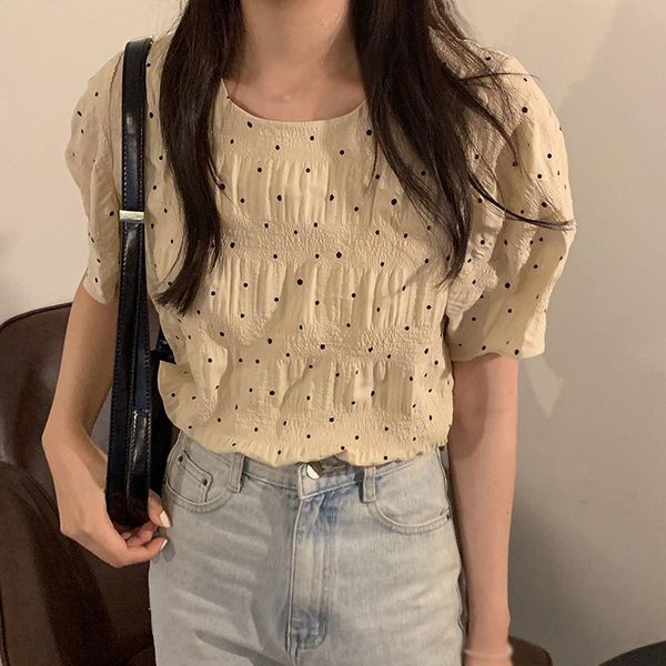 women's blouses & shirts dot printed summer for women retro round neck pleated loose short-sleeved female, White
women's blouses & shirts dot printed summer for women retro round neck pleated loose short-sleeved female, White